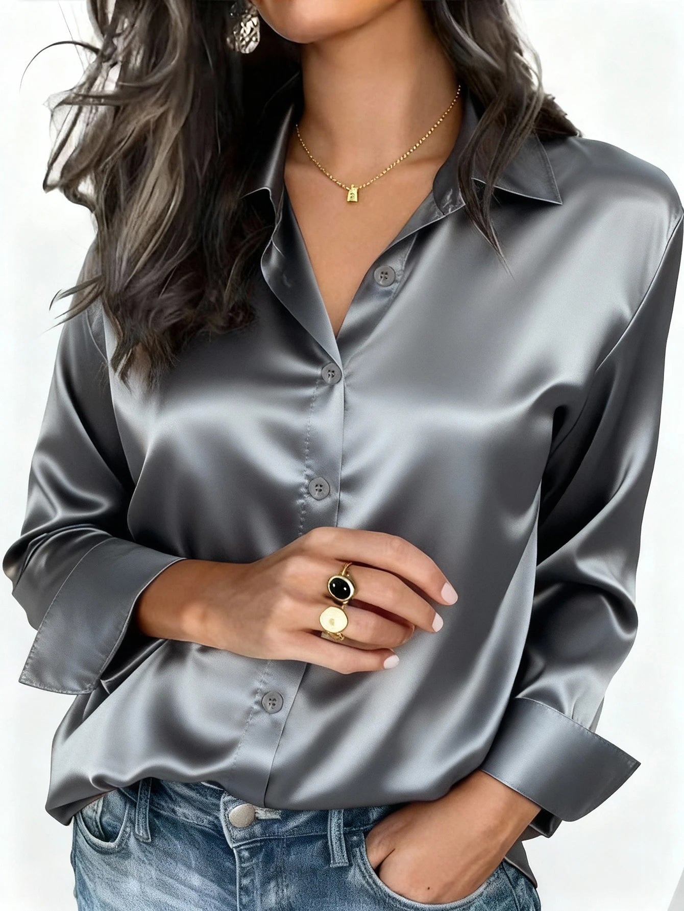 Womens Satin Button Up Blouse Office Or Casual Wear