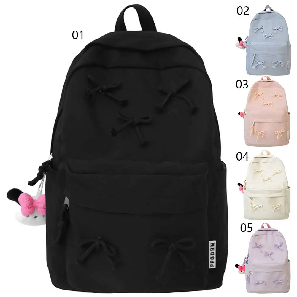 Fashion Bow Backpack Middle Shool Girls Backpack Multi-pockets Teenagers School Bag with Pendants Daily Knapsack Travel Backpack