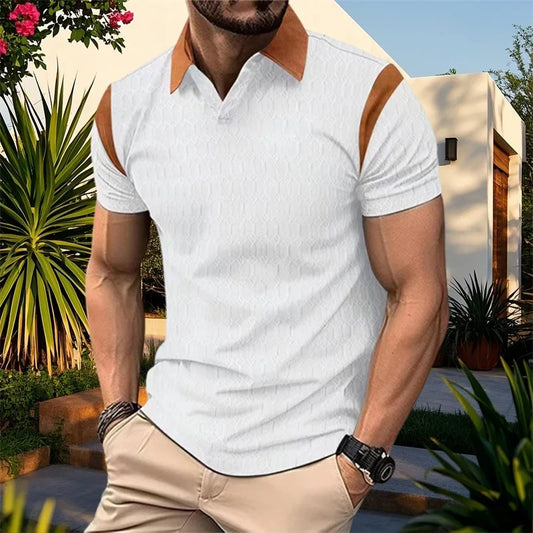 Men's Short Sleeve Jacquard Patchwork Tee With Turn-Down Collar