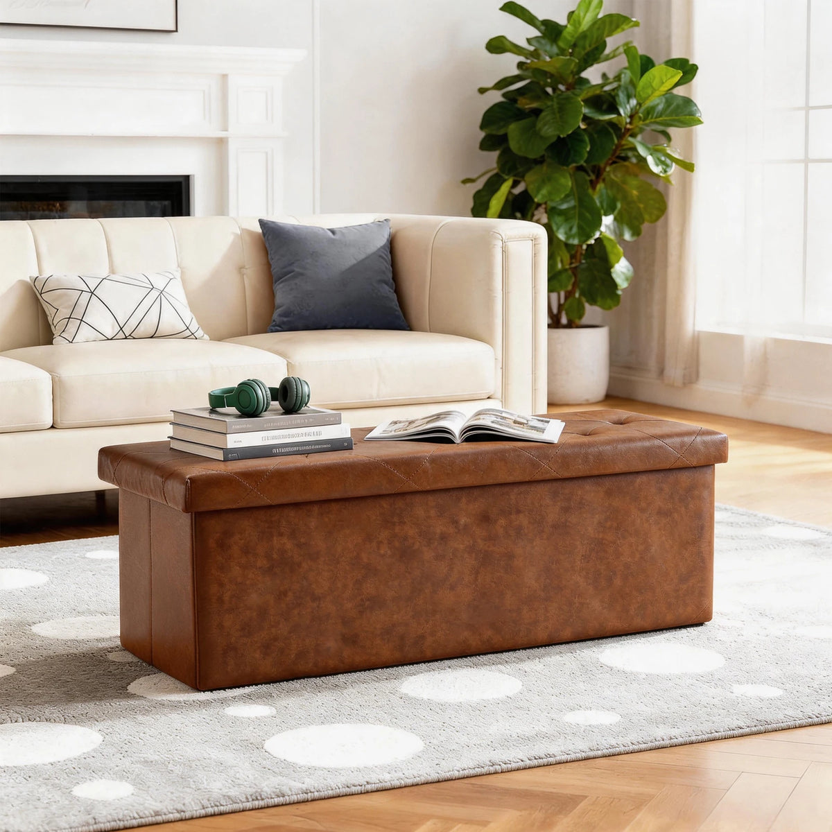 Sarenzoon Foldable Leather Storage Bench Ottoman For Home