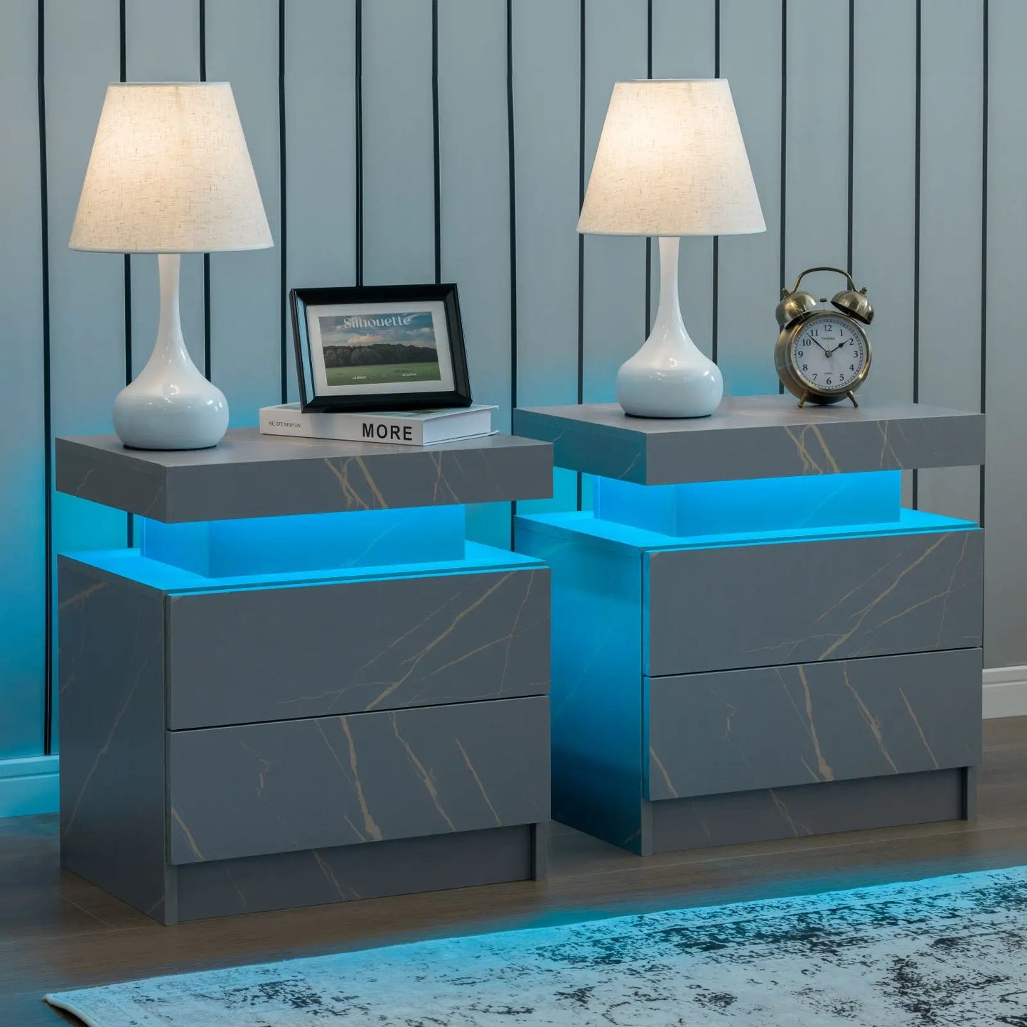 Cubehom Nightstand Set of 2 With LED Drawers Modern Bedside