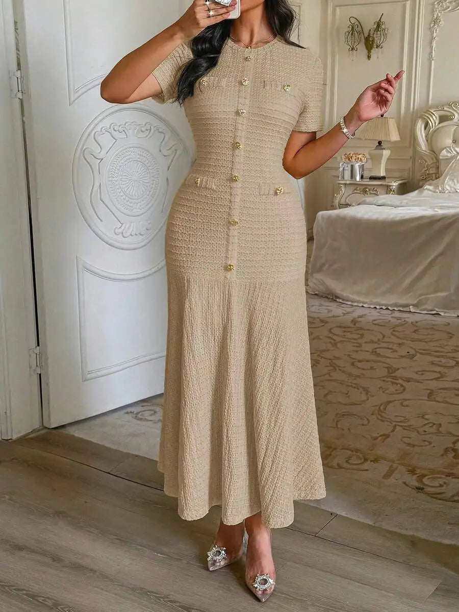 Textured Knit Dress With Front Buttons And Faux Pockets
