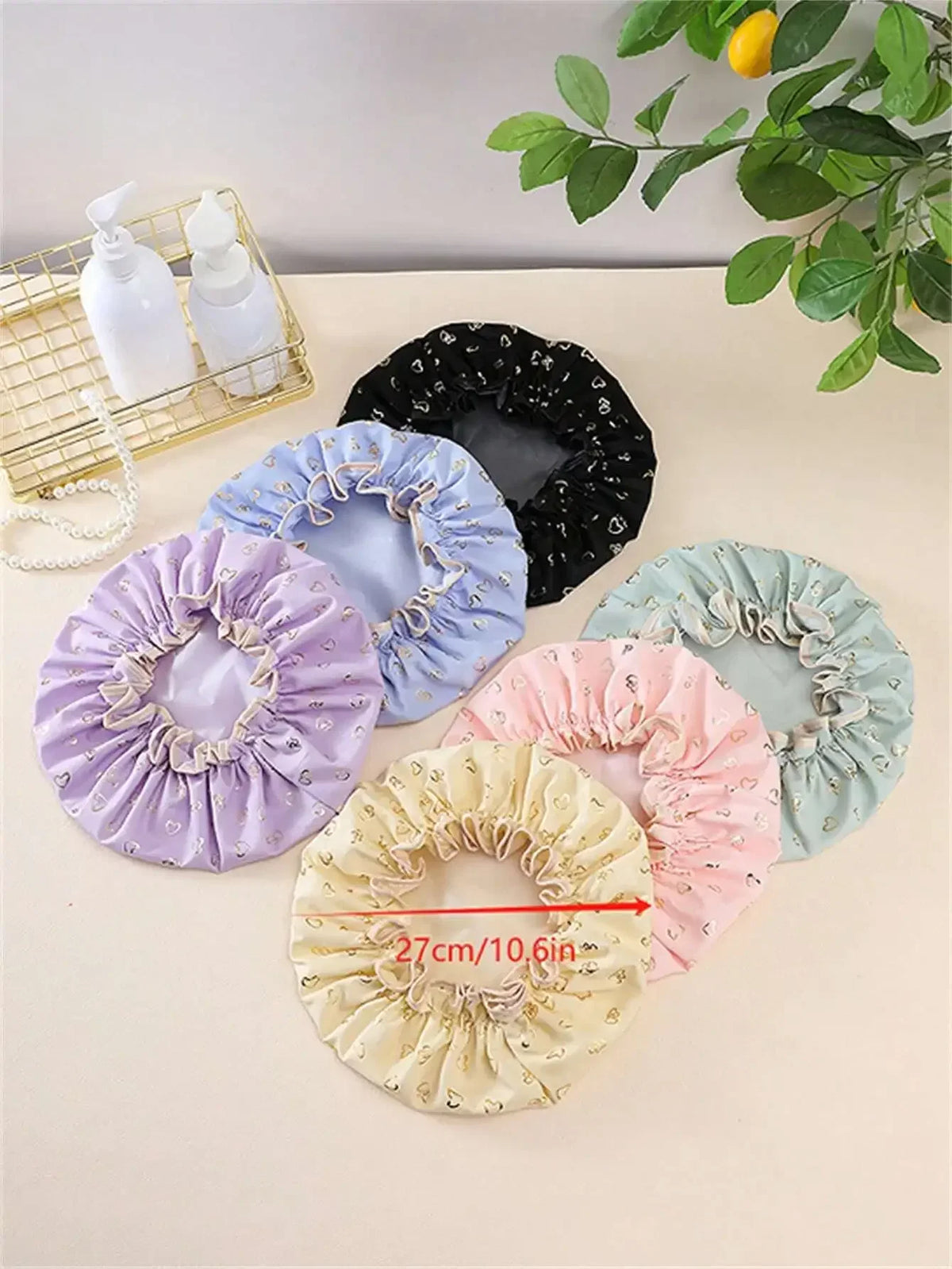 2026 2-Layer Waterproof Shower Cap, Fashionable Foil Heart Print
