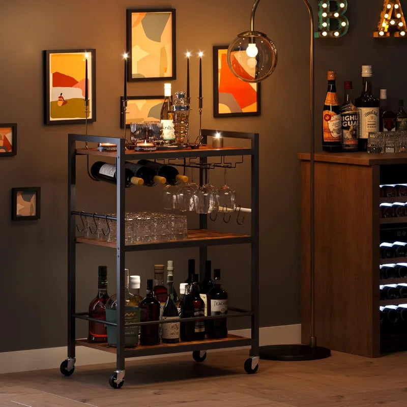 Home Bar Serving Cart With Wine Rack And Glass Holders