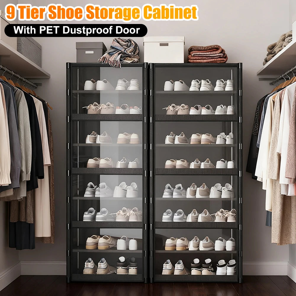 9 Tier Shoe Storage Cabinet 42cm/60cm Multi-Layer Shoe Rack Space Saving Vertical Stand Holder Dustproof Door Shoes Organizer