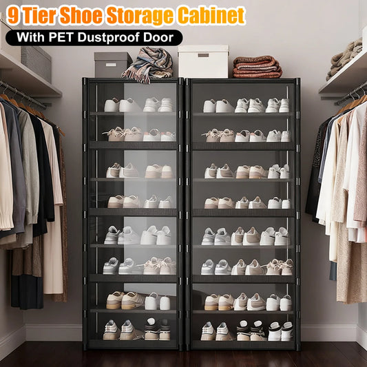 9 Tier Shoe Storage Cabinet 42cm/60cm Multi-Layer Shoe Rack Space Saving Vertical Stand Holder Dustproof Door Shoes Organizer