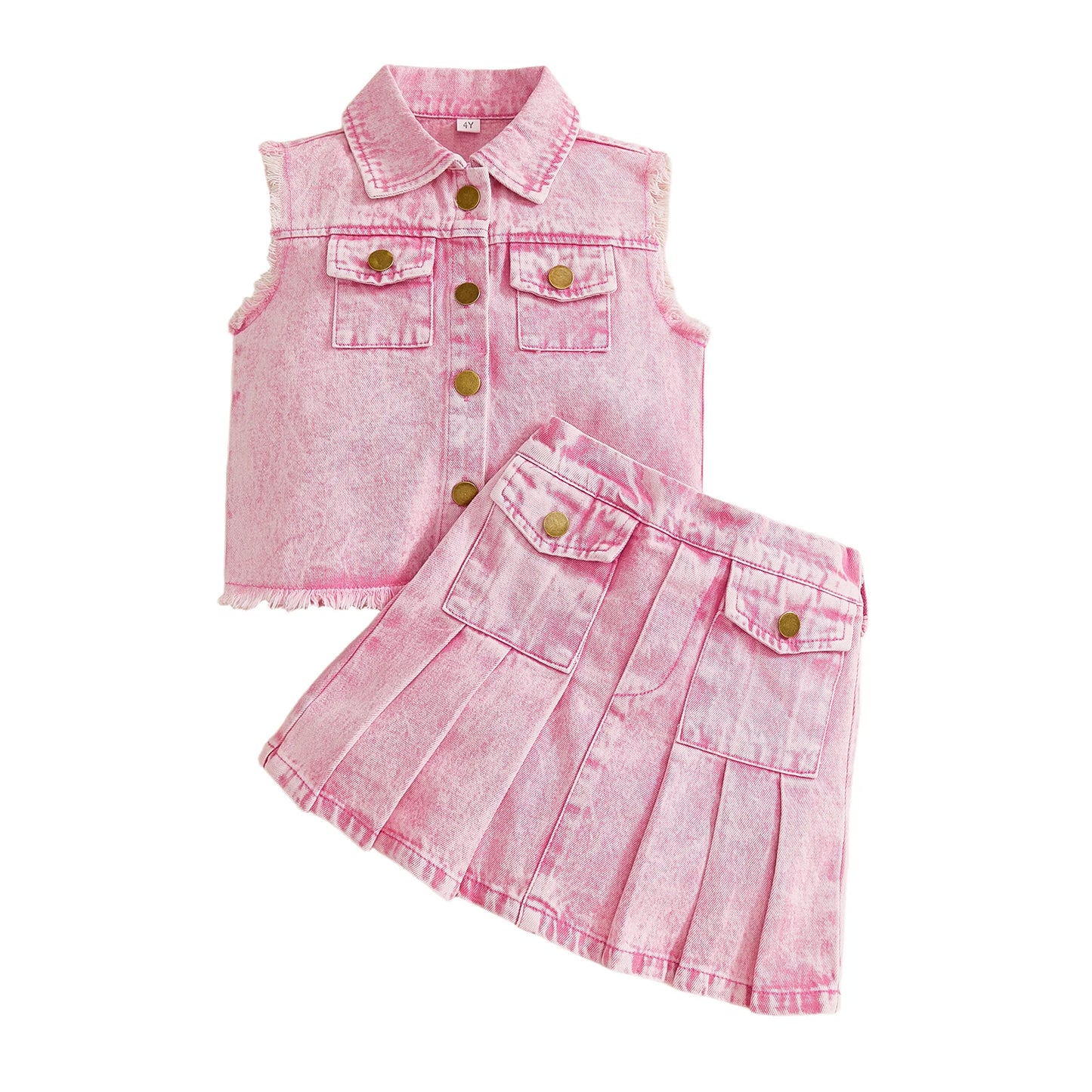 Infant Girl Denim Vest And Pleated Skirt 2 Piece Set