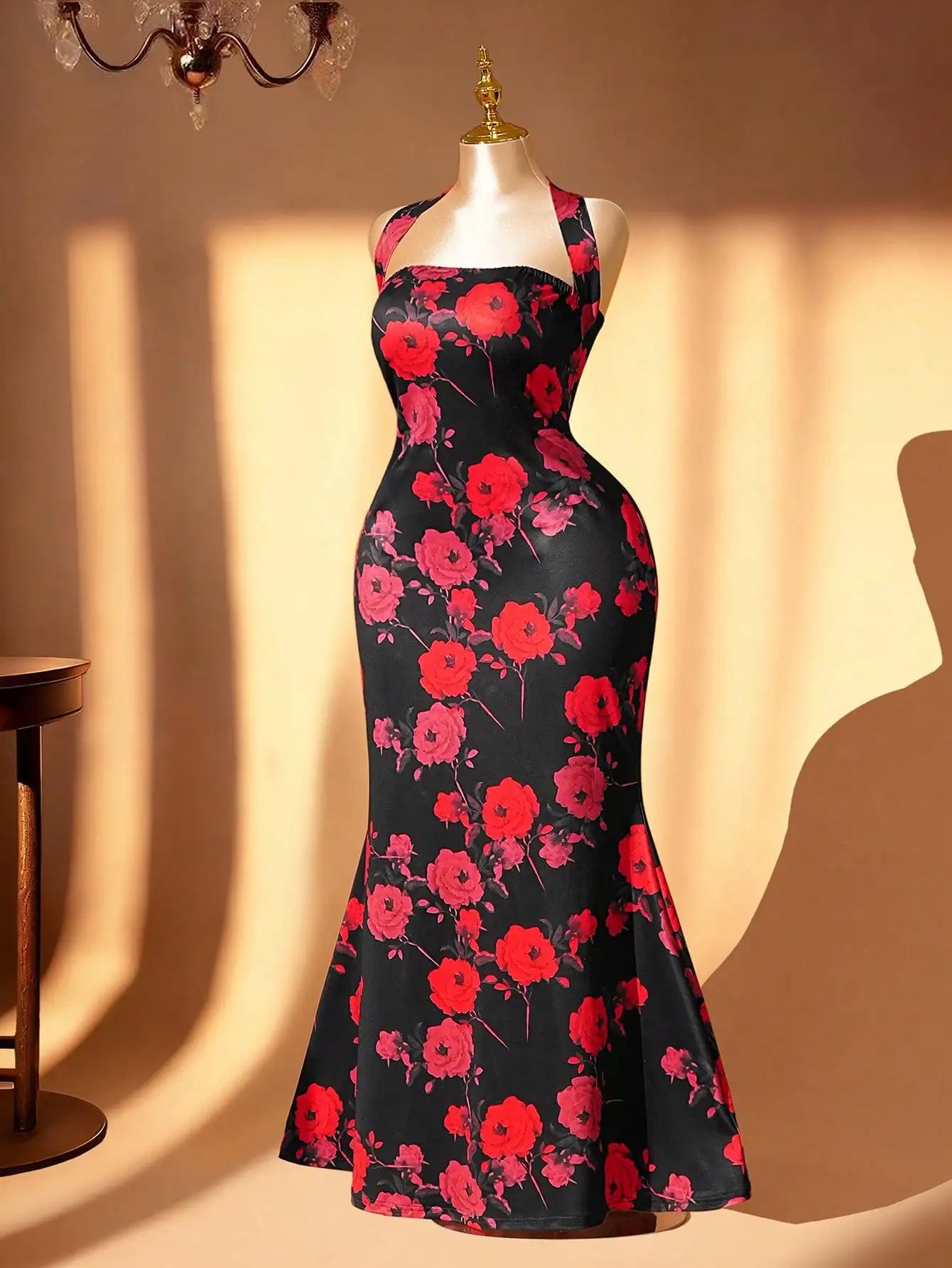 Plus Size Maxi Dress With Floral Print Halter Neck