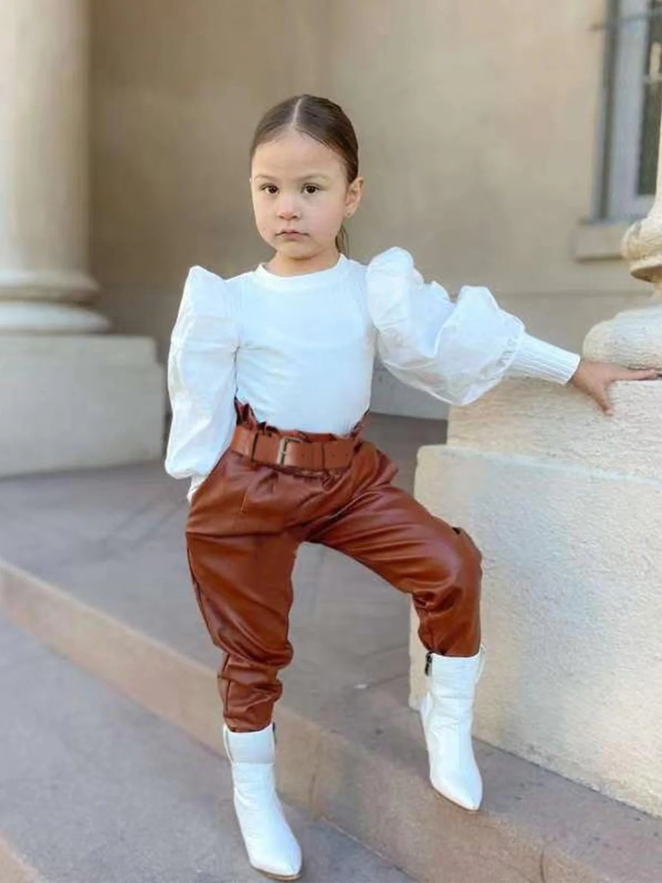 Girls Fall Winter Outfit Set With Ruffled Blouse And Boots