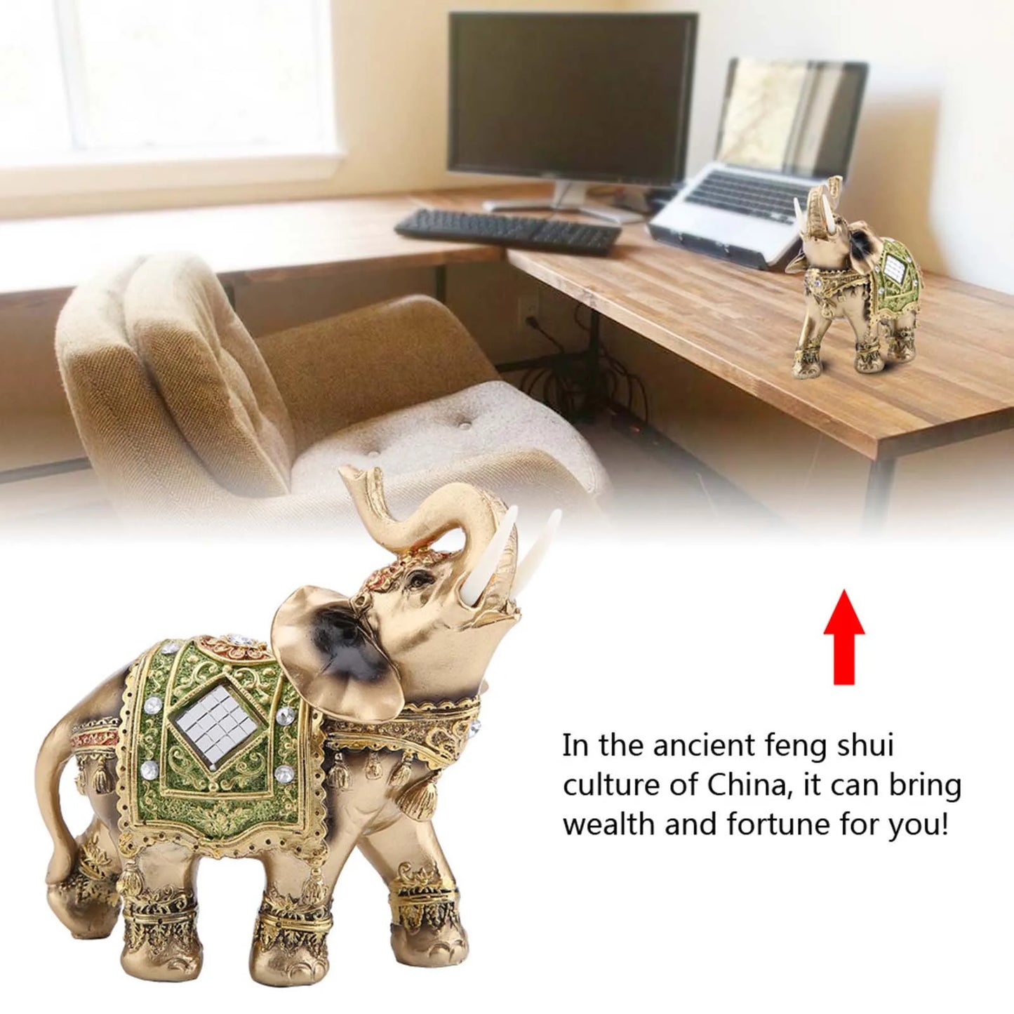 Feng Shui Green Elephant Statue Wealth Figurine Home Decoration