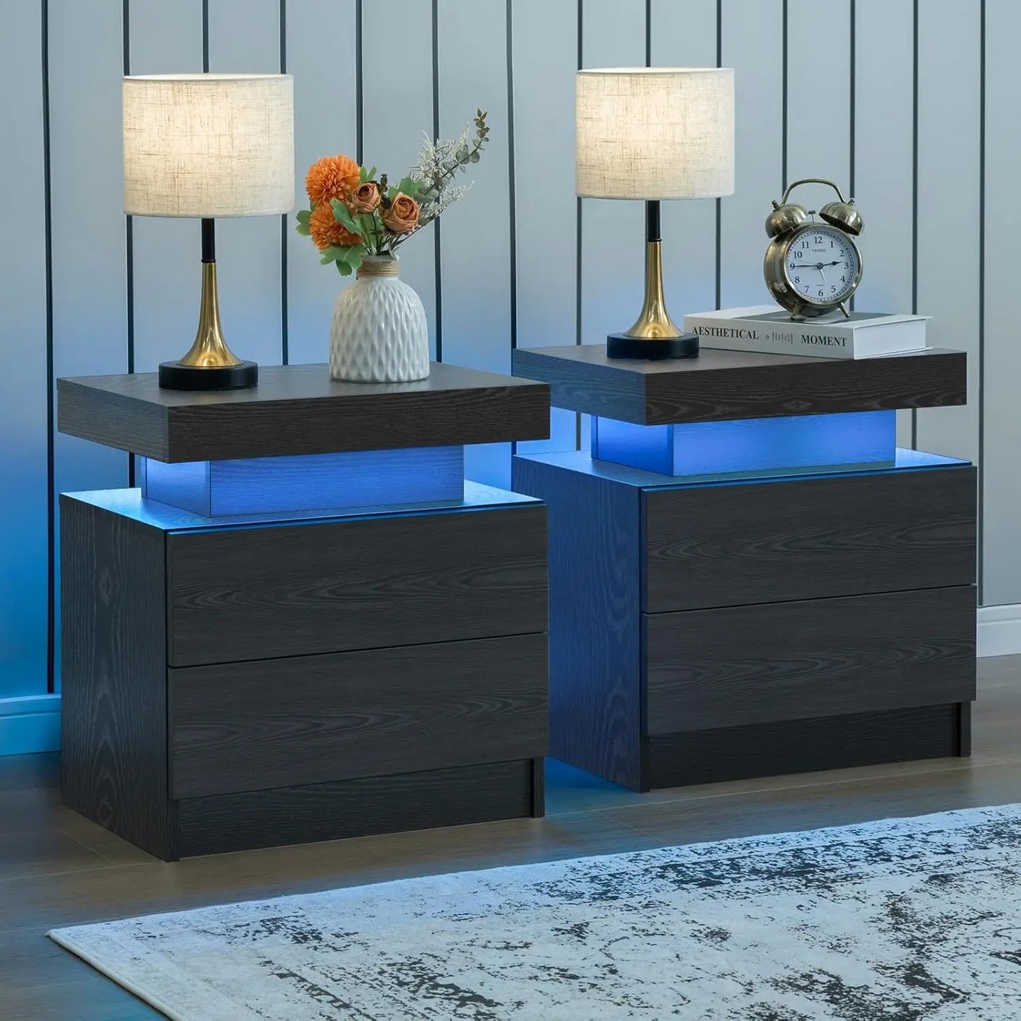 Cubehom Nightstand Set of 2 With LED Drawers Modern Bedside