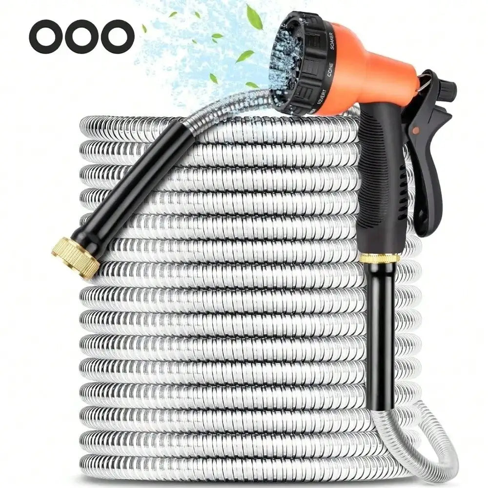 Garden Hose 50/100FT Stainless Steel Water Hose Spray Nozzle Heavy-Duty Metal Garden Hose Flexible
