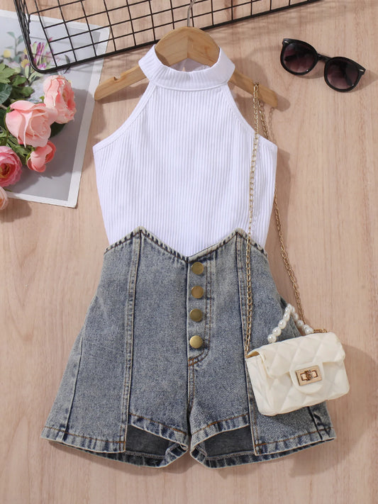 Toddler Girl Fashion Outfits, Solid Color Tank Top & Faux Denim Short Set, Girl Summer Spring Outdoor Clothes 2-7T, for Outdoor