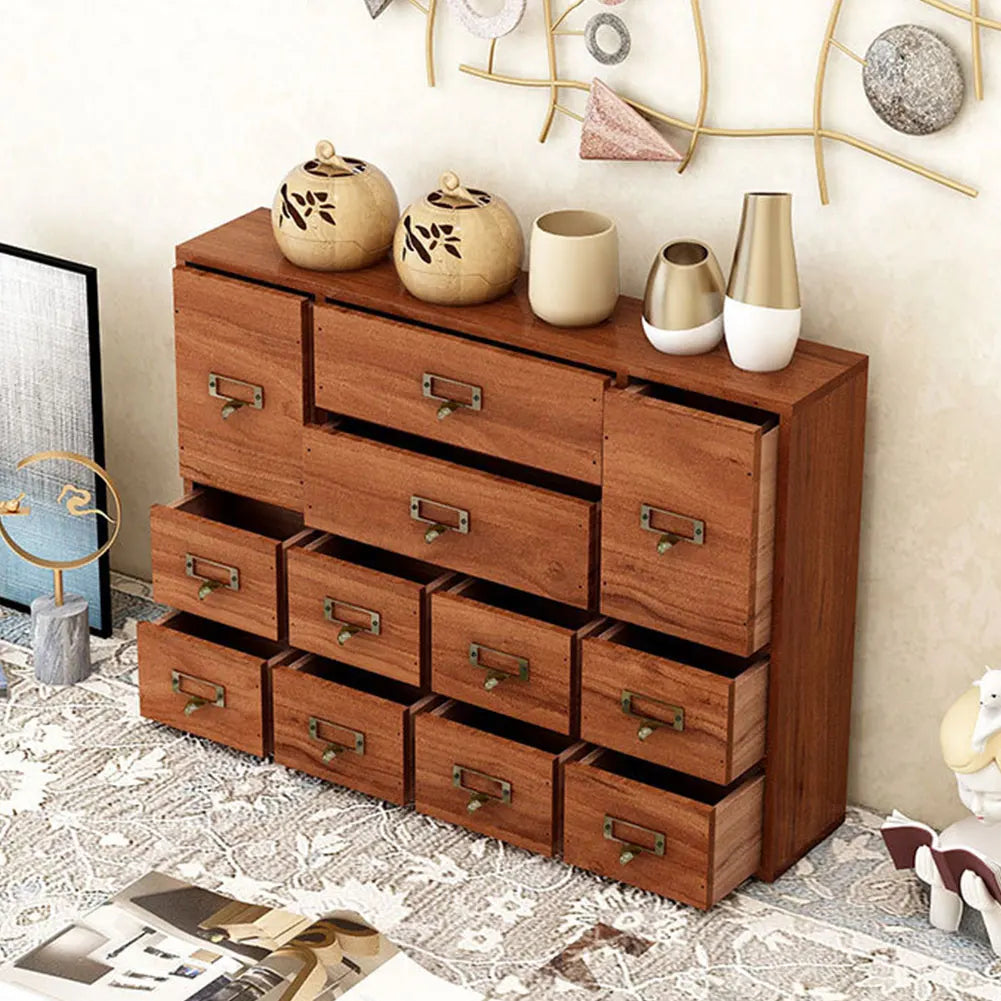 Wooden Apothecary Cabinet With Label Slots And Metal Handles