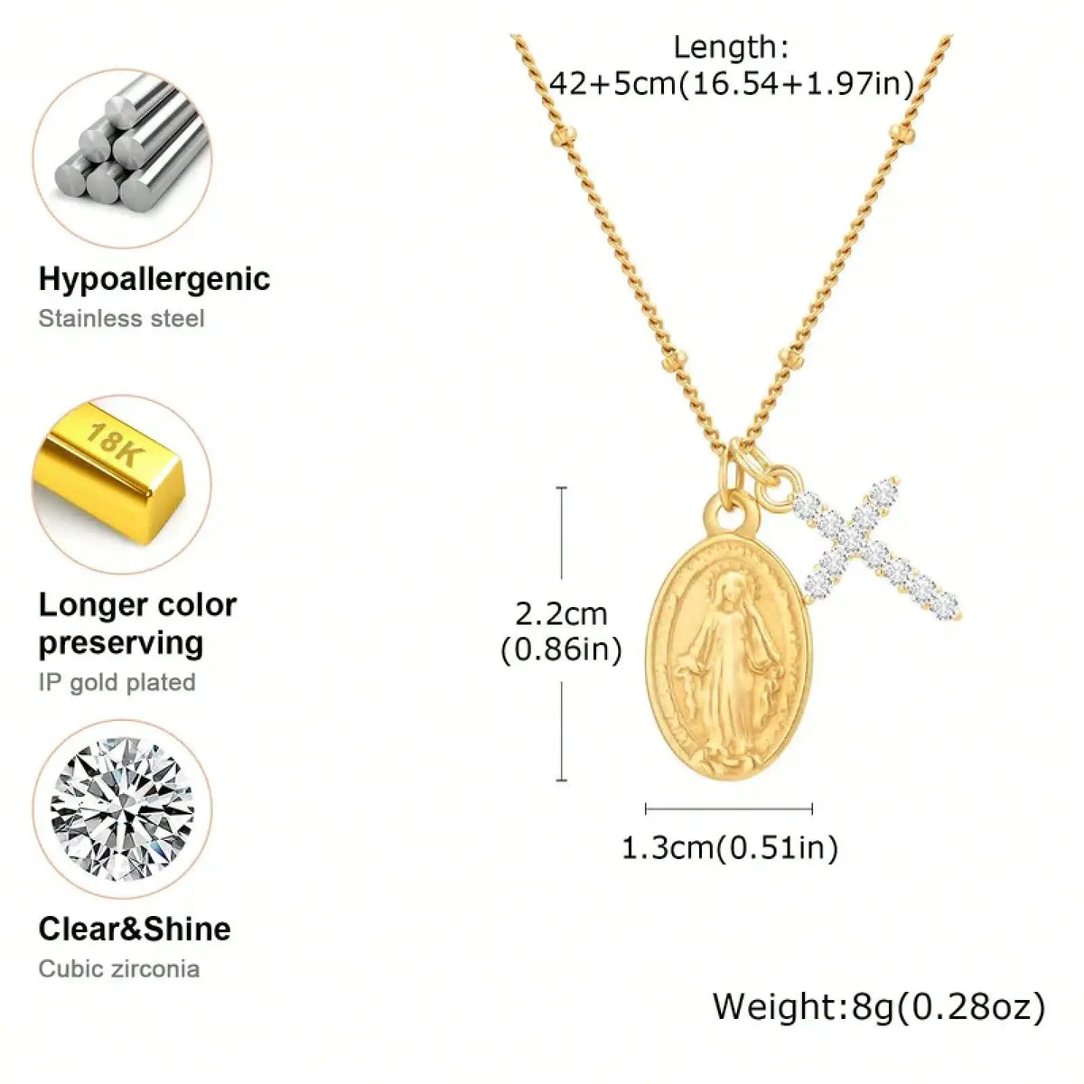 Cross Virgin Mary Pendant Necklace For Women,Stainless Steel Gold Plated Bead Chain Necklace, Religious Prayer Jewelry