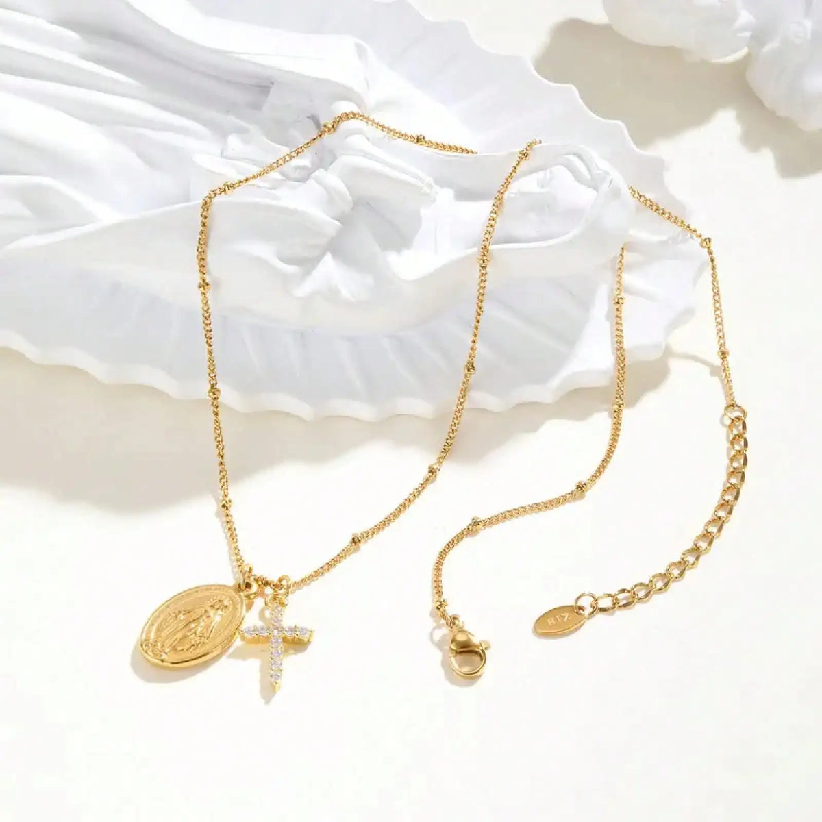 Cross Virgin Mary Pendant Necklace For Women,Stainless Steel Gold Plated Bead Chain Necklace, Religious Prayer Jewelry