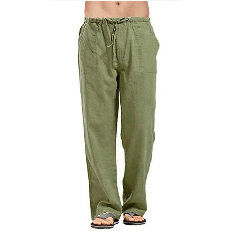Mens Cotton Linen Pants Summer Breathable Trousers With Elastic Waist