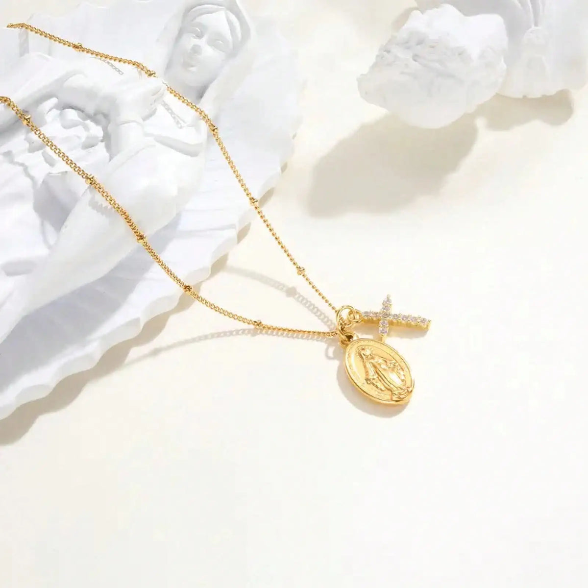 Cross Virgin Mary Pendant Necklace For Women,Stainless Steel Gold Plated Bead Chain Necklace, Religious Prayer Jewelry