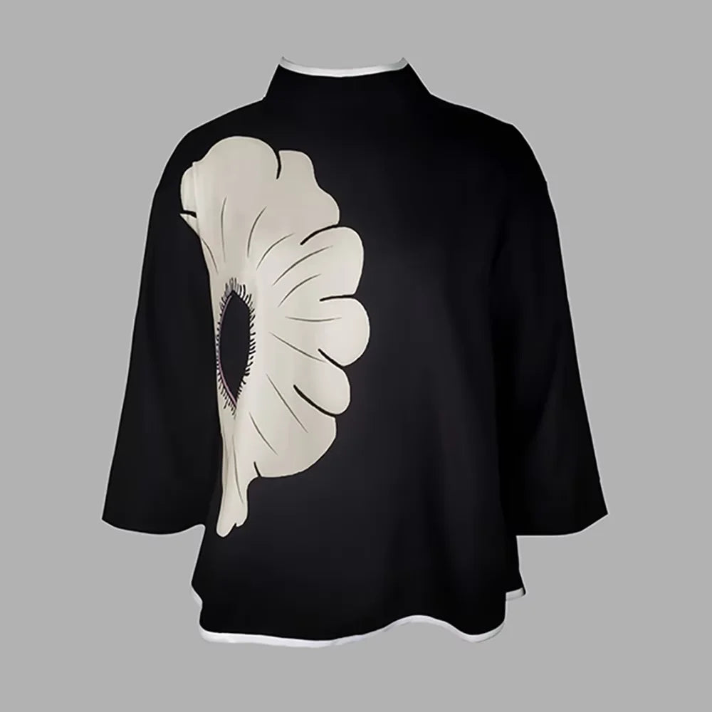 OSHOPLIVECN Womens Flower Printed Mock Neck T Shirt