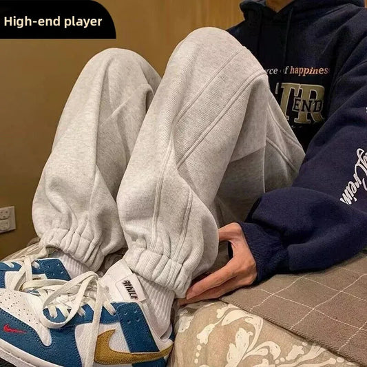 Men's Loose Fit Fleece Lined Drawstring Trousers Autumn Winter New Style Casual Sports Pants Warm American Style Loose Sweatpant