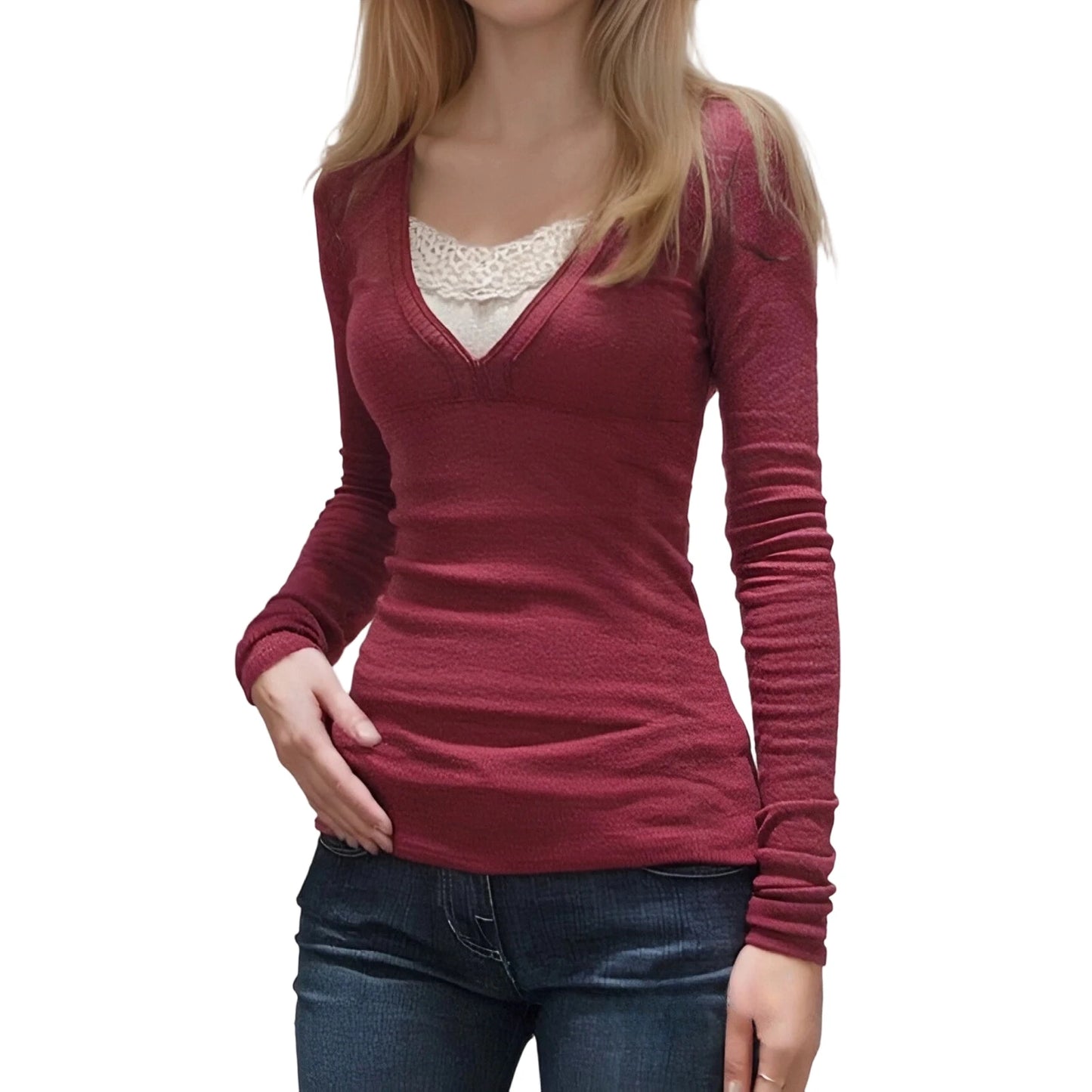 Women s Stylish V Neck Lace Patchwork  Fit Long Sleeve Pullover Top for Fall Fashion Statement