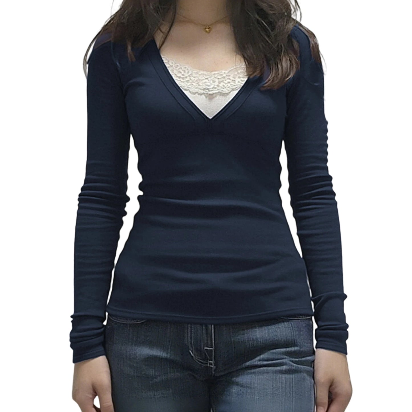 Women s Stylish V Neck Lace Patchwork  Fit Long Sleeve Pullover Top for Fall Fashion Statement