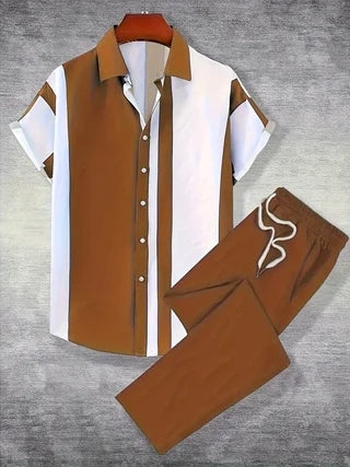 Printed Men's Short Sleeve Shirt And Pants Set Summer Travel