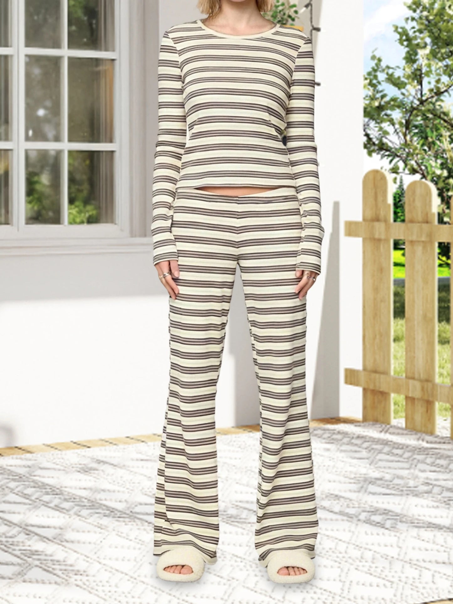 XBTCLXEBCOCN Womens Cozy Pajama Set With Striped Long Sleeve Top