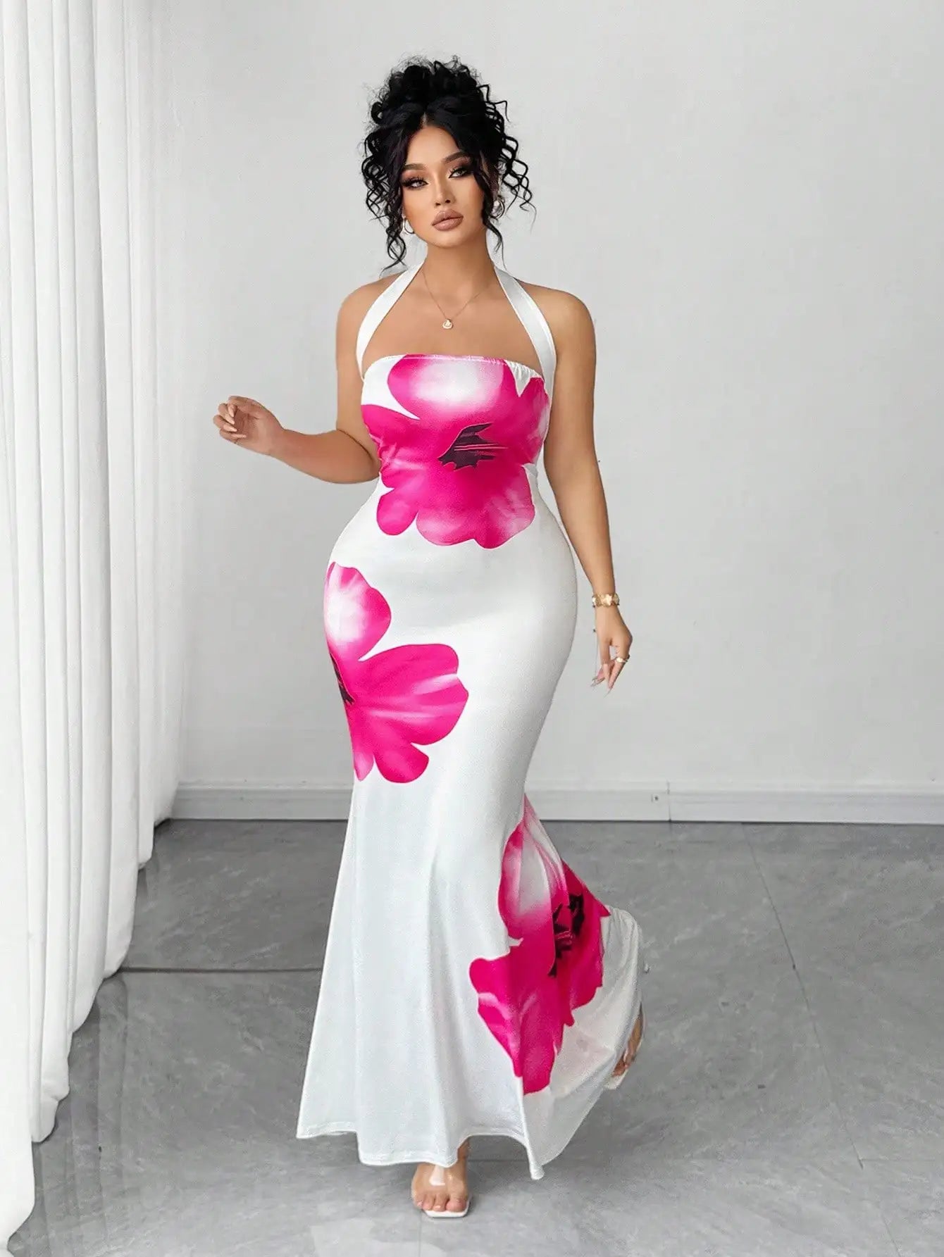 Plus Size Maxi Dress With Floral Print Halter Neck