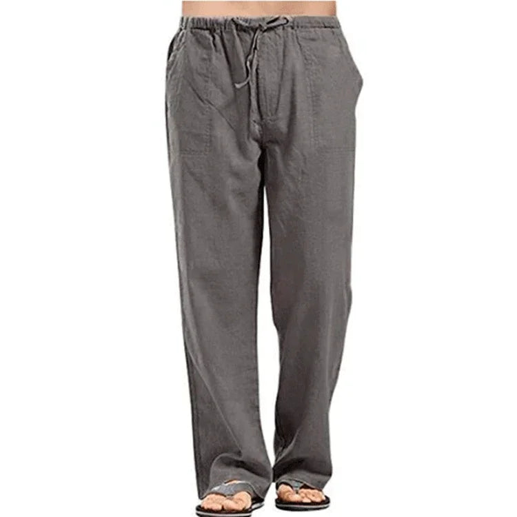 Mens Cotton Linen Pants Summer Breathable Trousers With Elastic Waist