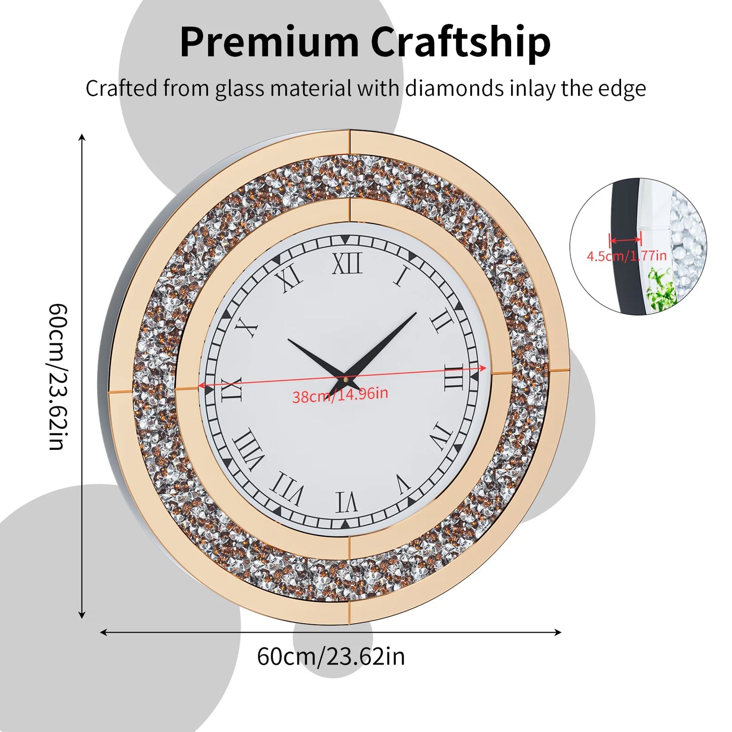 Round Mirror Wall Clock With Crystal Sparkle Accents