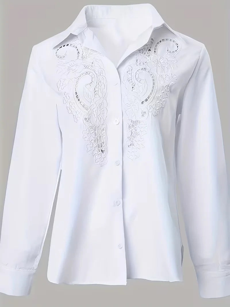 Solid Long Sleeve Women's Blouse With Embroidered Hollow Out Details