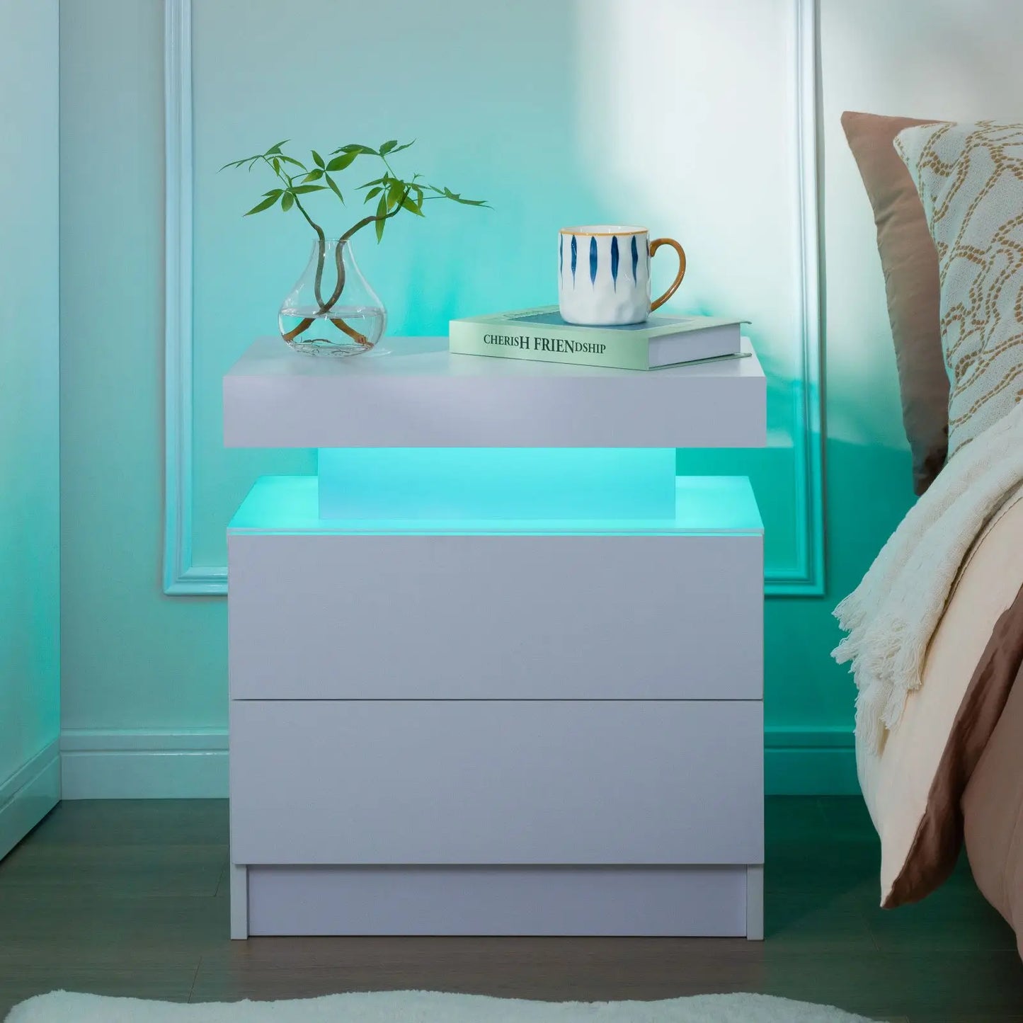 Cubehom Nightstand Set of 2 With LED Drawers Modern Bedside