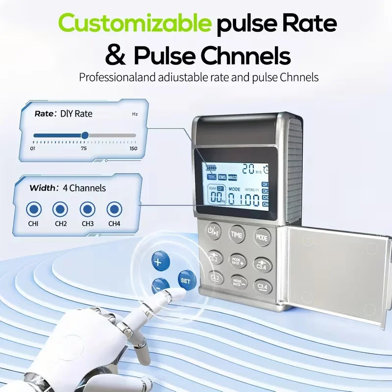 TENS EMS Rechargeable TENS Digital Device and Accessories, 20 Levels of Intensity, 48 Modes, 8 Electrode Pads, with a Carry Case