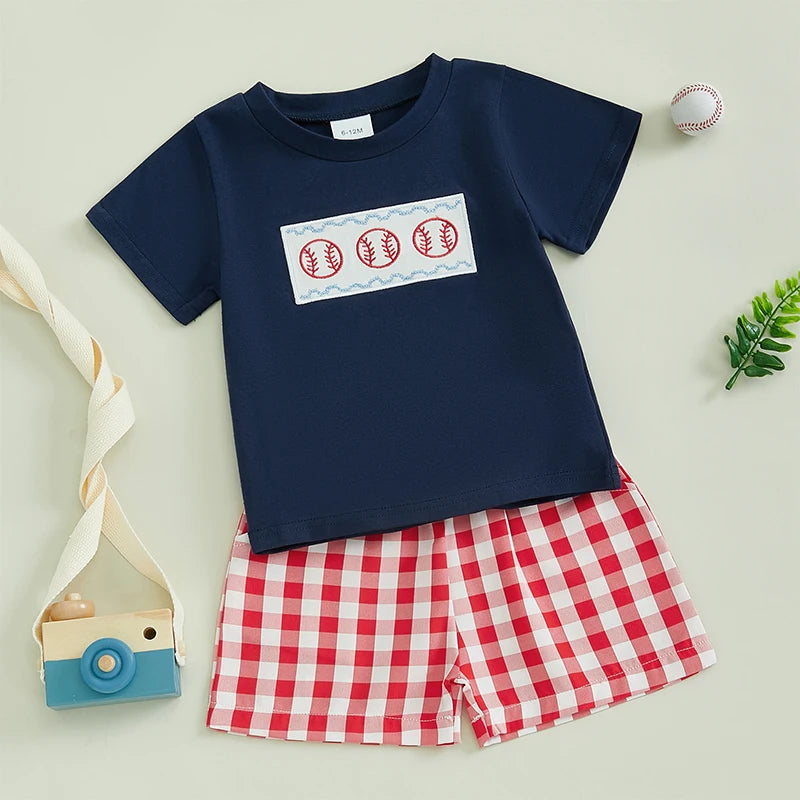 Boys 2-Piece Outfit Set with Embroidered Baseball Tee and Plaid Shorts Elastic Waistband Short Sleeve Top