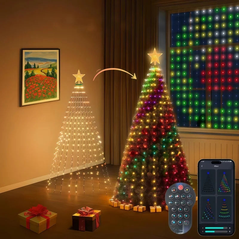 1.8CM/2.1CM RGB Christmas Tree Waterfall Lights With Star Topper,APP Remote Control LED String Lights Multicolor Fairy Light Indoor Outdoor