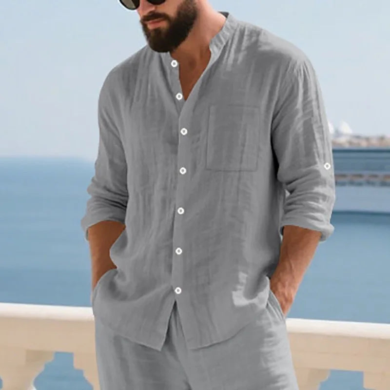 Men Linen Button Down Shirt With Mandarin Collar Long Sleeve Chest Pocket