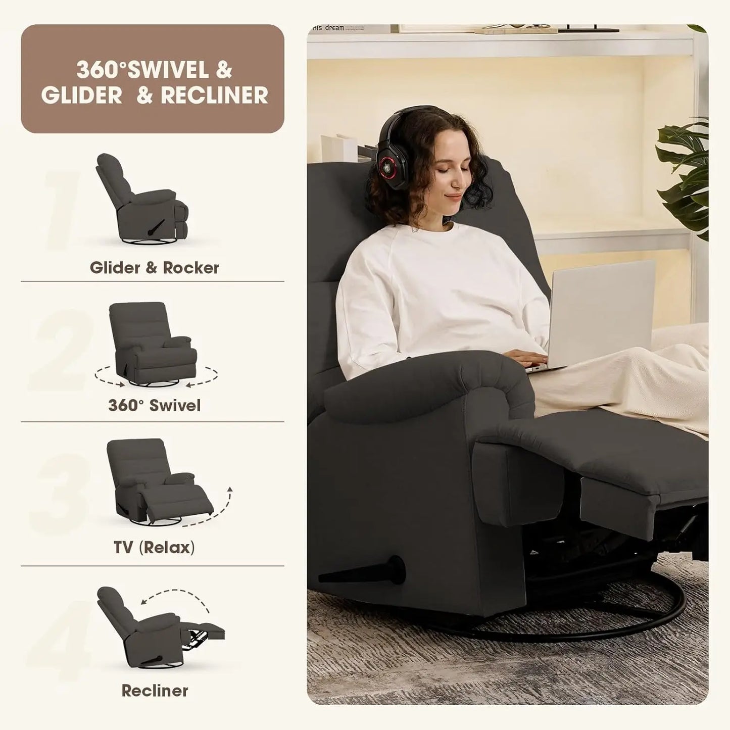 Dark Grey Glider Rocker Recliner,Swivel Rocking Recliner Chair,Glider Rocking Chair,Reclining Sofa Rocking Chair, Customized