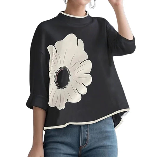OSHOPLIVECN Womens Flower Printed Mock Neck T Shirt