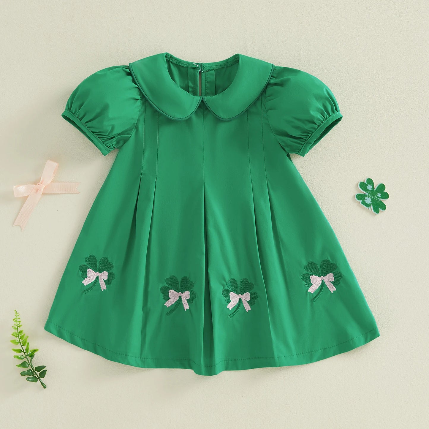 St Patrick's Day Toddler Girl Dress With Shamrock Embroidery