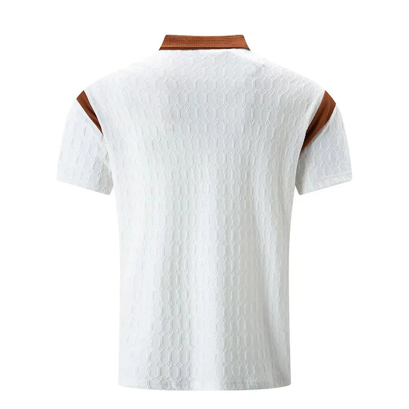 Men's Short Sleeve Jacquard Patchwork Tee With Turn-Down Collar