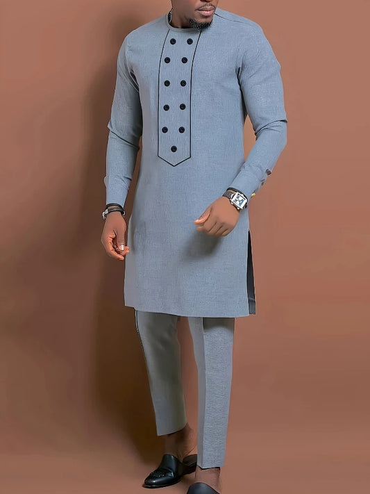 Men's Casual Long-Sleeve Two-Piece Set Top and Trousers