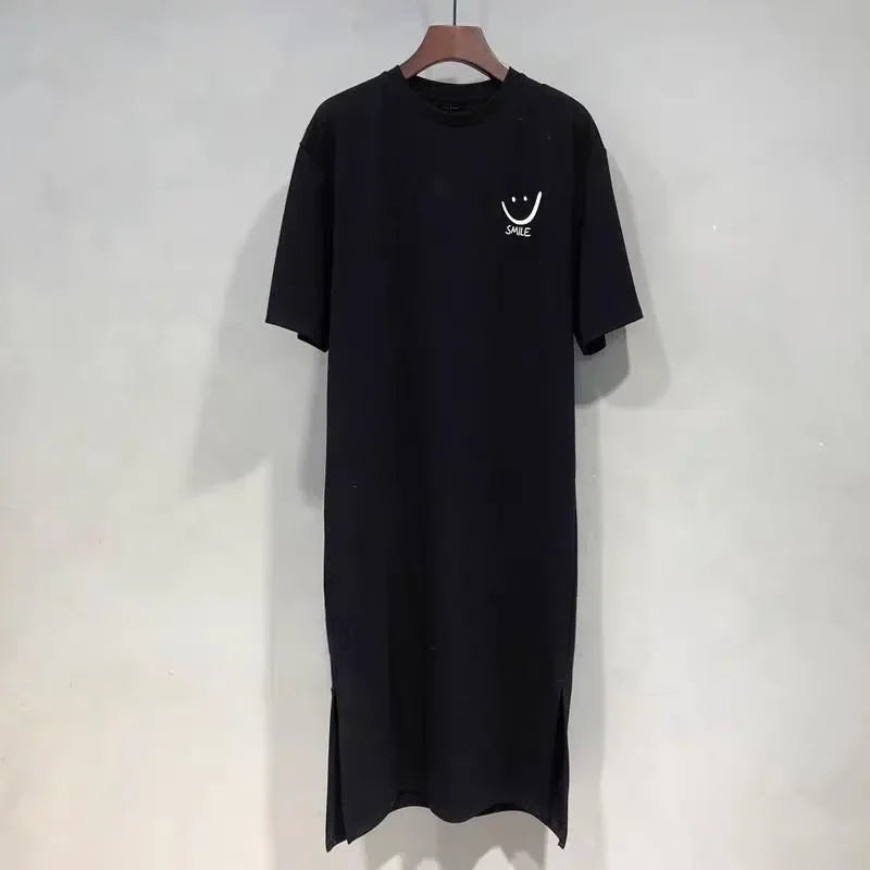 Women's Smiley Side Slit Tee Casual Loose Fit Shirt
