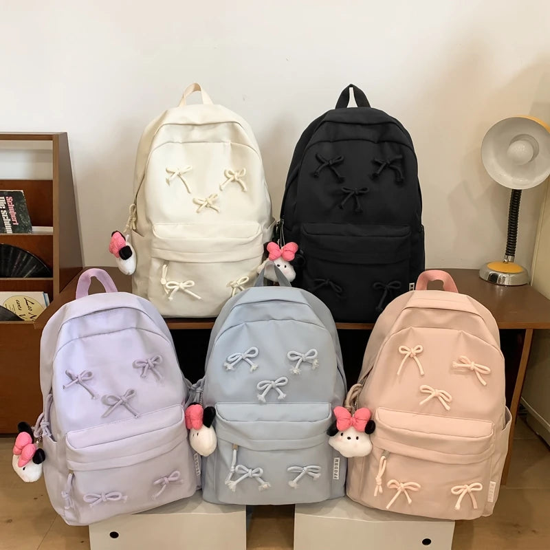 Fashion Bow Backpack Middle Shool Girls Backpack Multi-pockets Teenagers School Bag with Pendants Daily Knapsack Travel Backpack