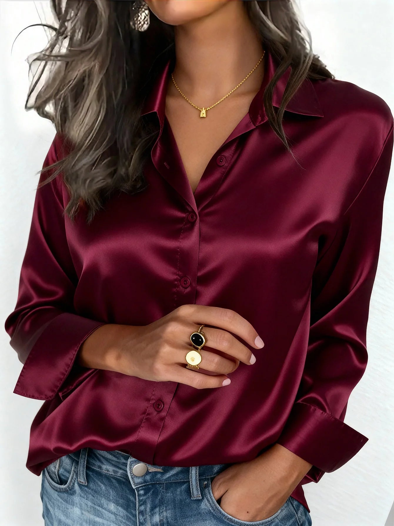 Womens Satin Button Up Blouse Office Or Casual Wear