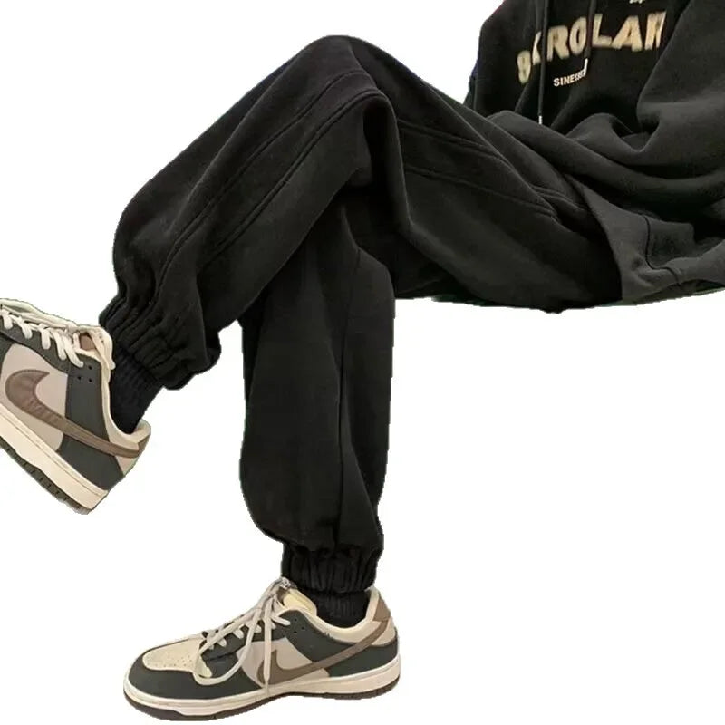 Men's Loose Fit Fleece Lined Drawstring Trousers Autumn Winter New Style Casual Sports Pants Warm American Style Loose Sweatpant