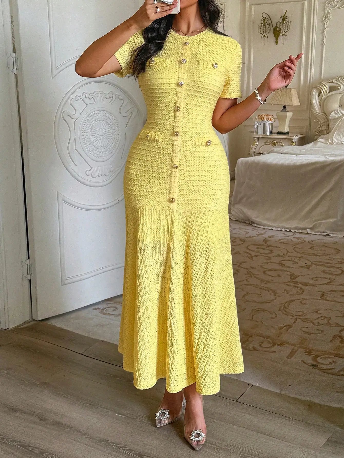 Textured Knit Dress With Front Buttons And Faux Pockets