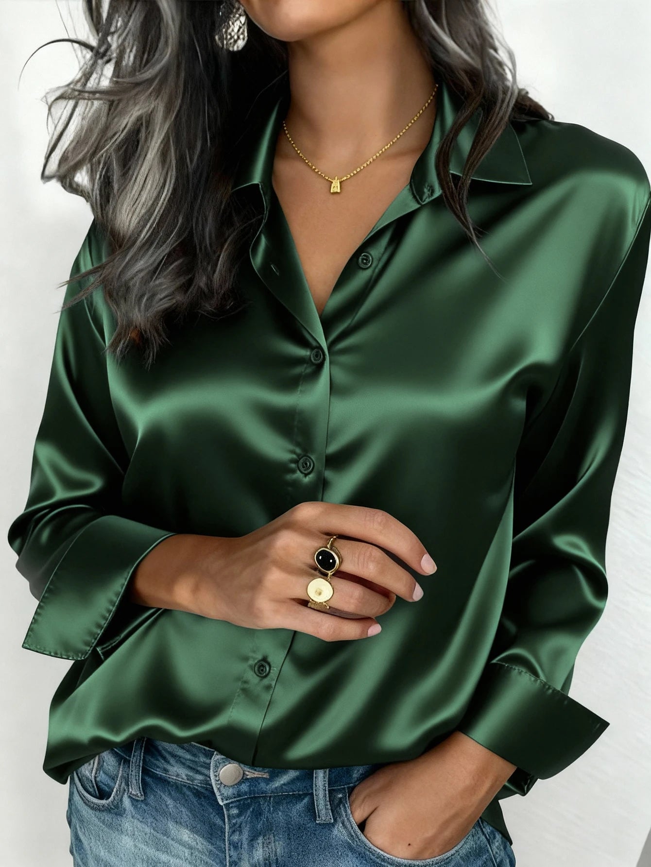 Womens Satin Button Up Blouse Office Or Casual Wear