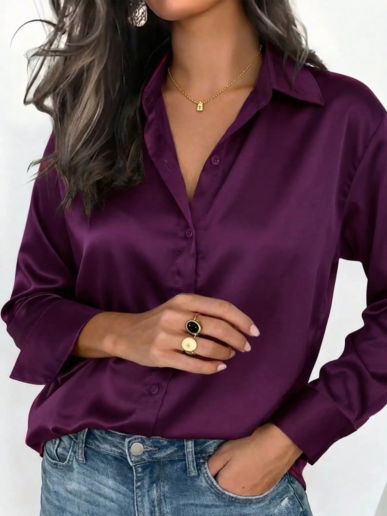 Womens Satin Button Up Blouse Office Or Casual Wear