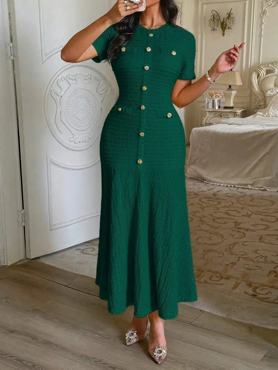 Textured Knit Dress With Front Buttons And Faux Pockets